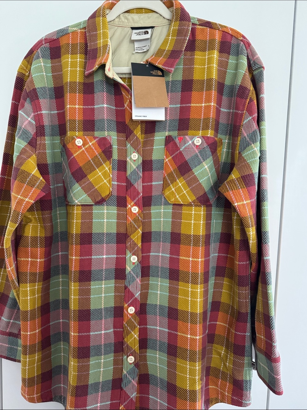 The North Face Women Plaid Button-Down Shirt Jacket in Red, Green, Mustard XL